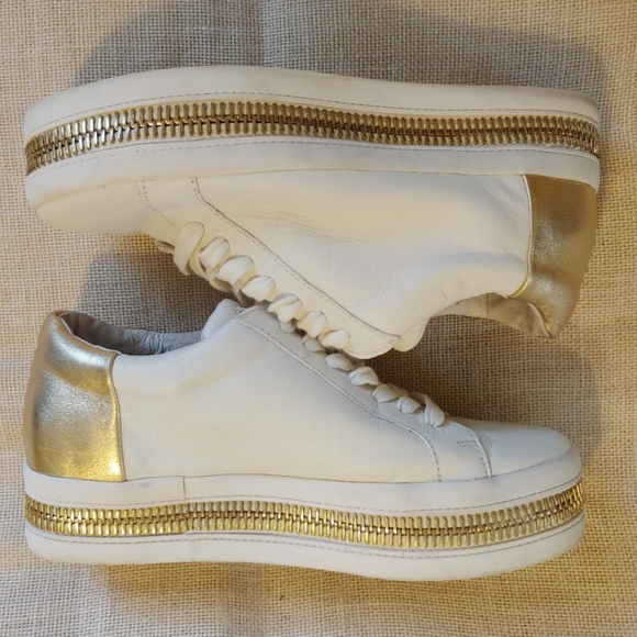 Rachel Zoe Shoes - Rachel Zoe White/Gold Soft Leather Zipper Sneaker